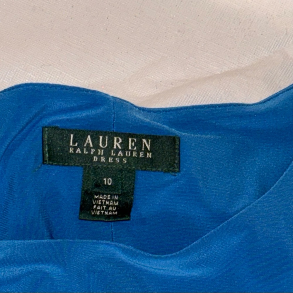 Lauren Ralph Lauren Vintage Blue Midi Dress Sz.10 Sleeveless Rushed Sides Strech - Picture 4 of 8
